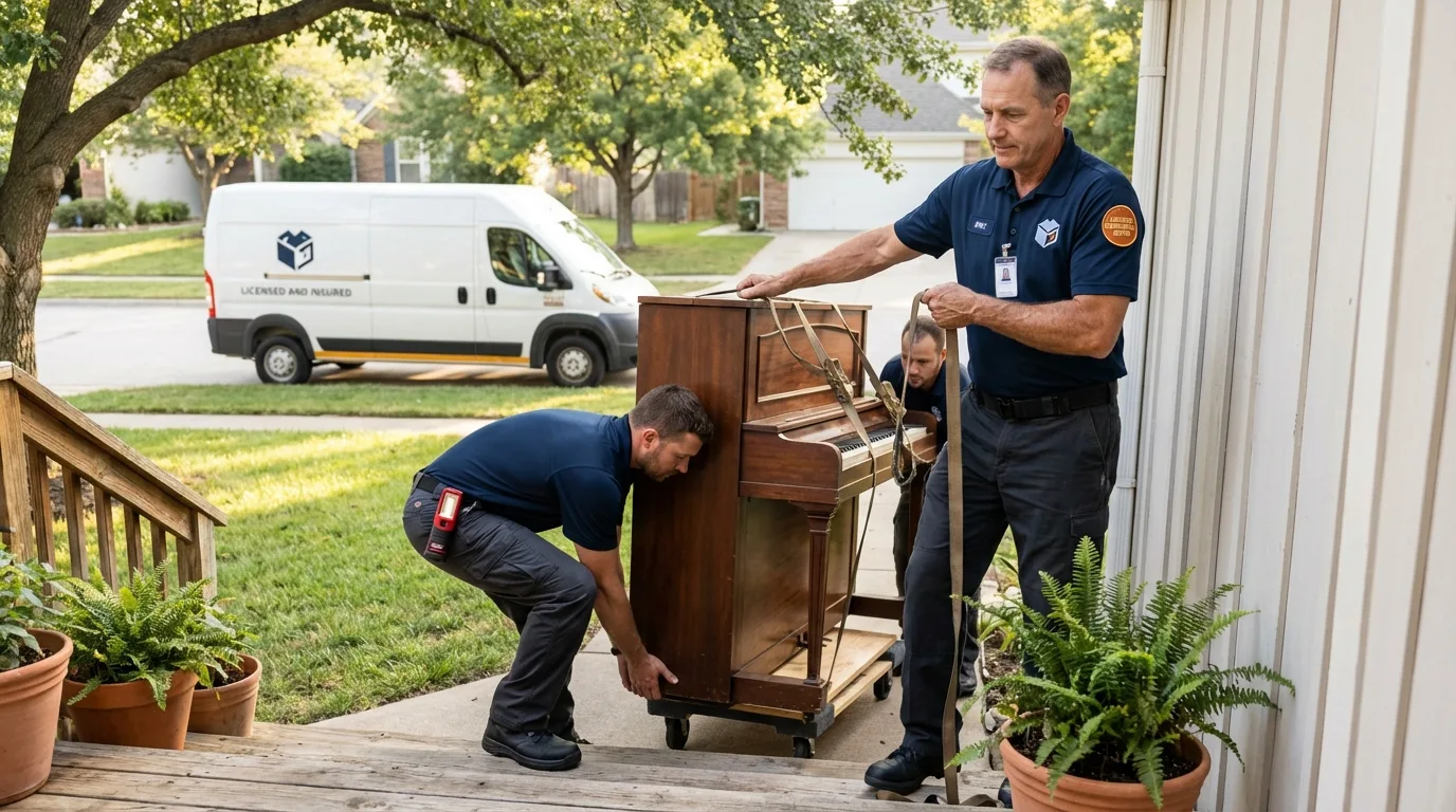 Licensed piano movers securing grand piano in Jeanerette, LA