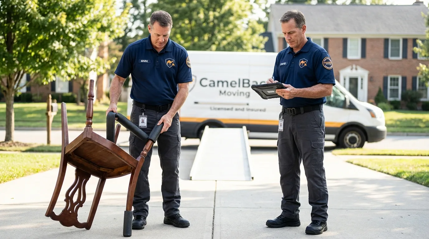 Movers inspecting furniture for damage prevention before loading in Jeanerette, LA