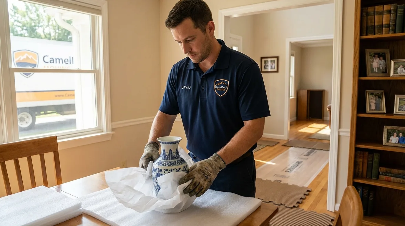 Professional crew carefully wrapping antique vase for senior downsizing move in Jeanerette, LA