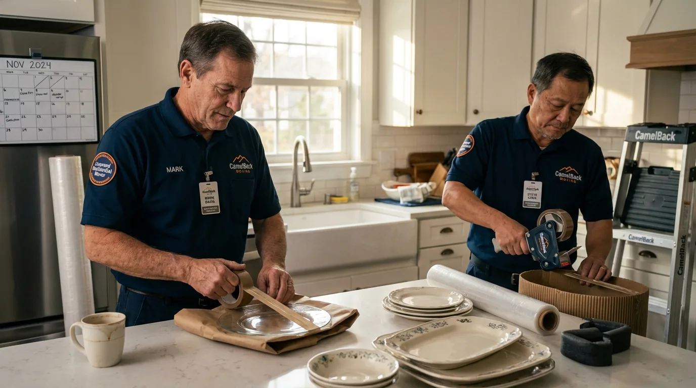 Professional crew packing kitchen dishware in Jeanerette, LA